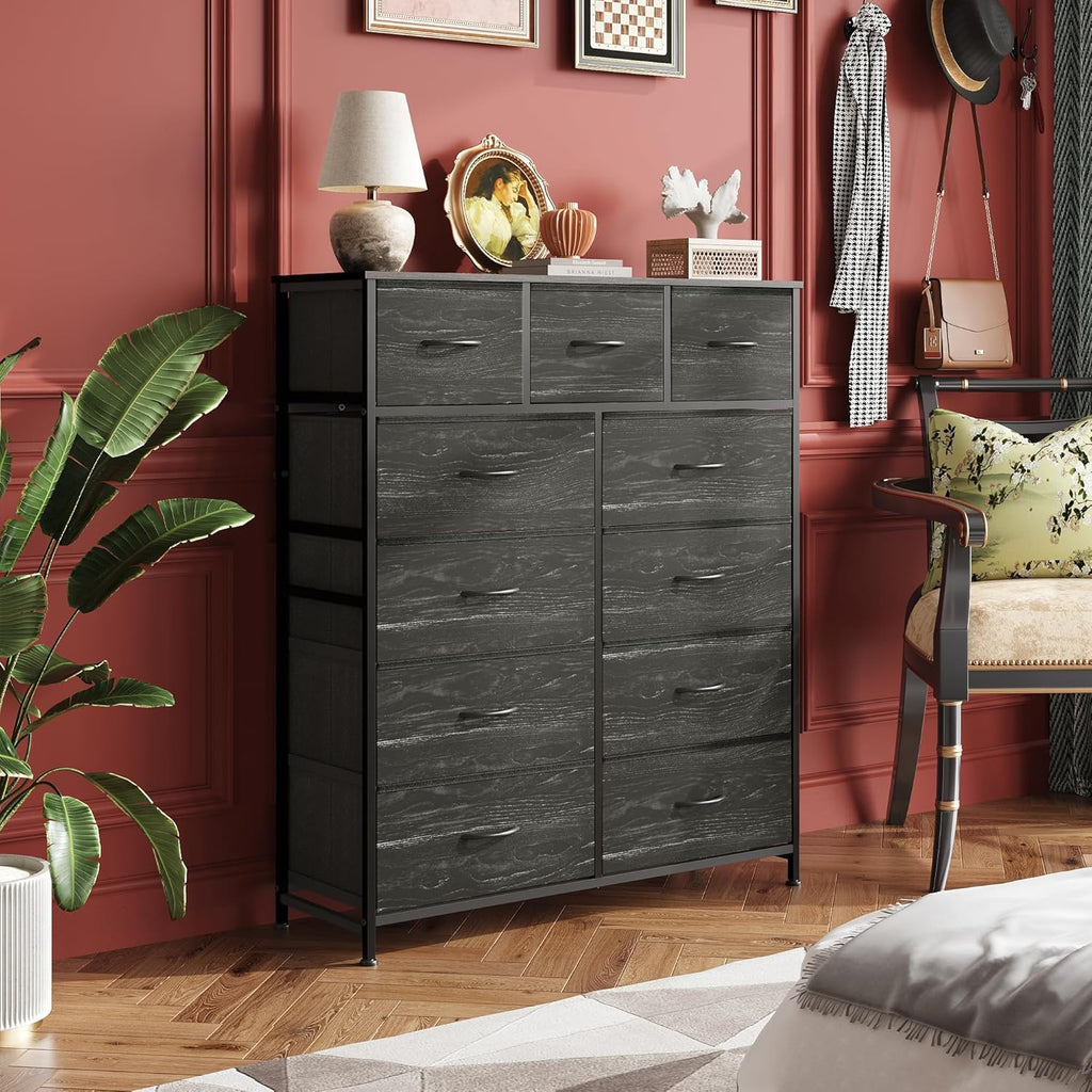 Tall Dresser for Bedroom, Fabric Dressers Storage Tower, Dresser & Chest of Drawers with 11 Drawers, Storage Cabinet, Hallway, Closets, Steel Frame, Wood Top, Charcoal Black Wood Grain Print