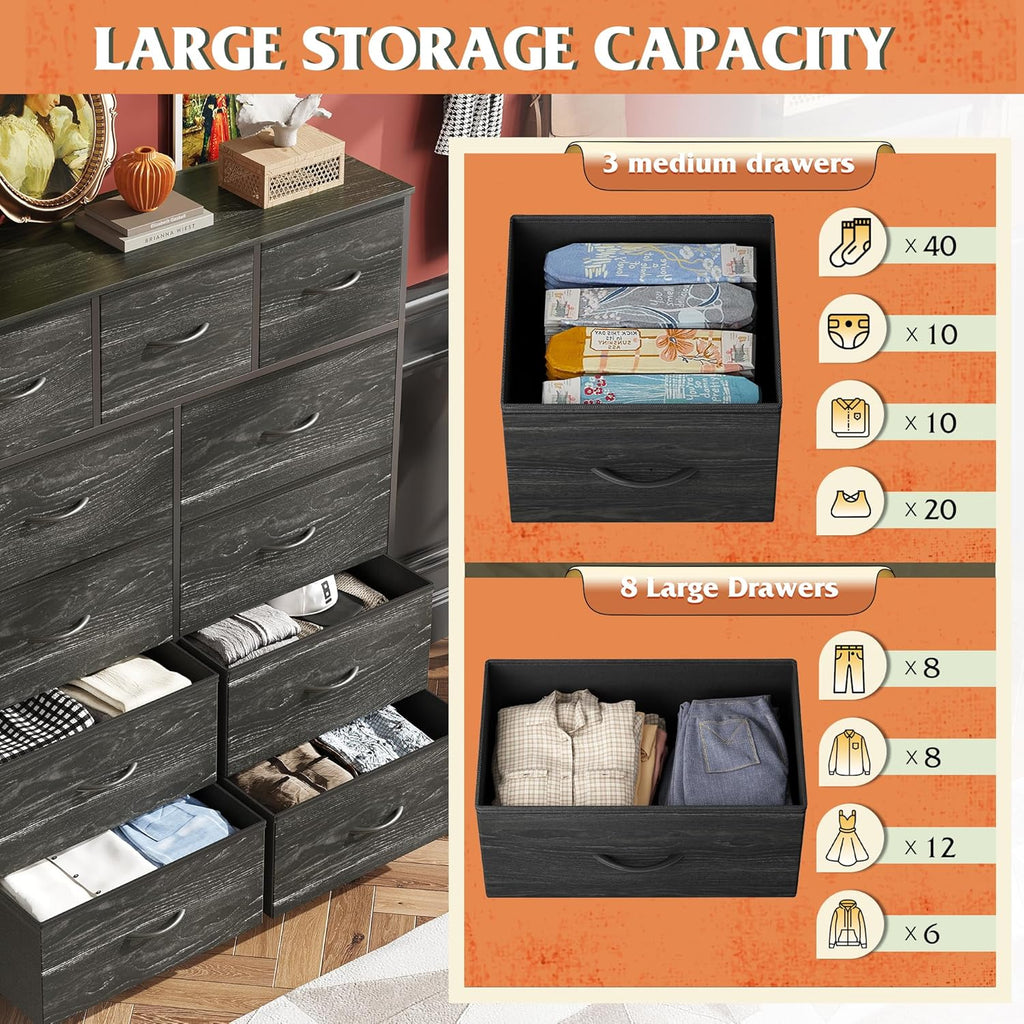 Tall Dresser for Bedroom, Fabric Dressers Storage Tower, Dresser & Chest of Drawers with 11 Drawers, Storage Cabinet, Hallway, Closets, Steel Frame, Wood Top, Charcoal Black Wood Grain Print