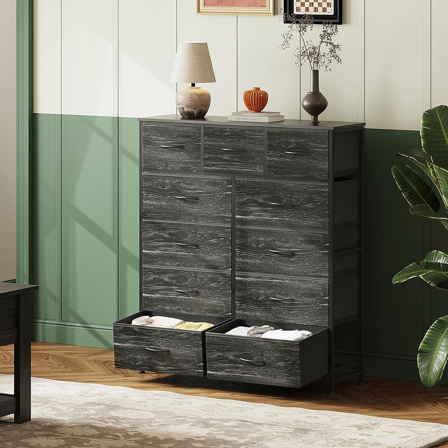 Tall Dresser for Bedroom, Fabric Dressers Storage Tower, Dresser & Chest of Drawers with 11 Drawers, Storage Cabinet, Hallway, Closets, Steel Frame, Wood Top, Charcoal Black Wood Grain Print