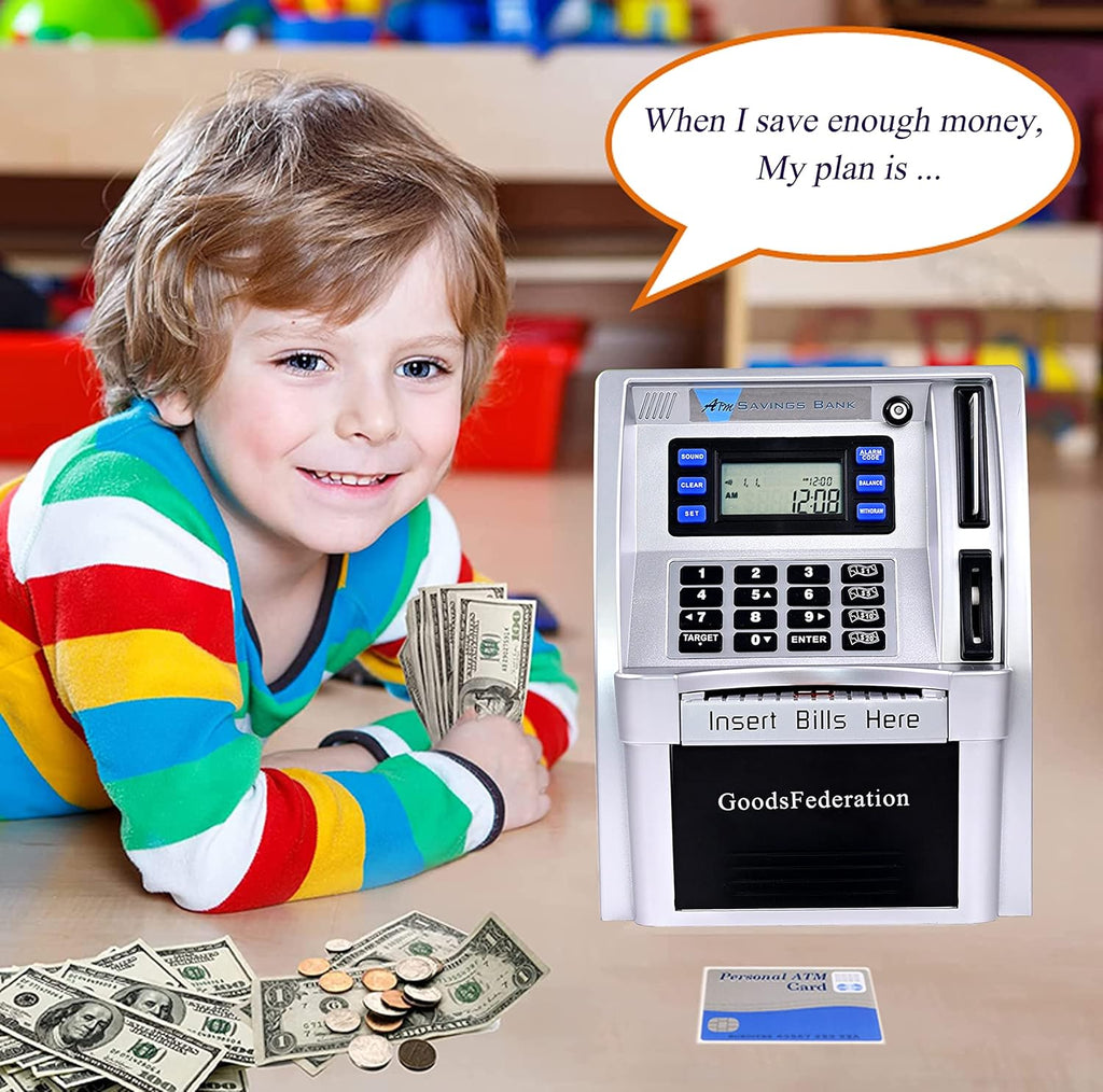 ATM Piggy Bank for Real Money for Kids Adults,Toy Money Bank with Card,Password,Coin Recognition,Bill Feeder,Balance Calculator,Electronic Money Safe Coin Box,Hot Gift for Boys Girls