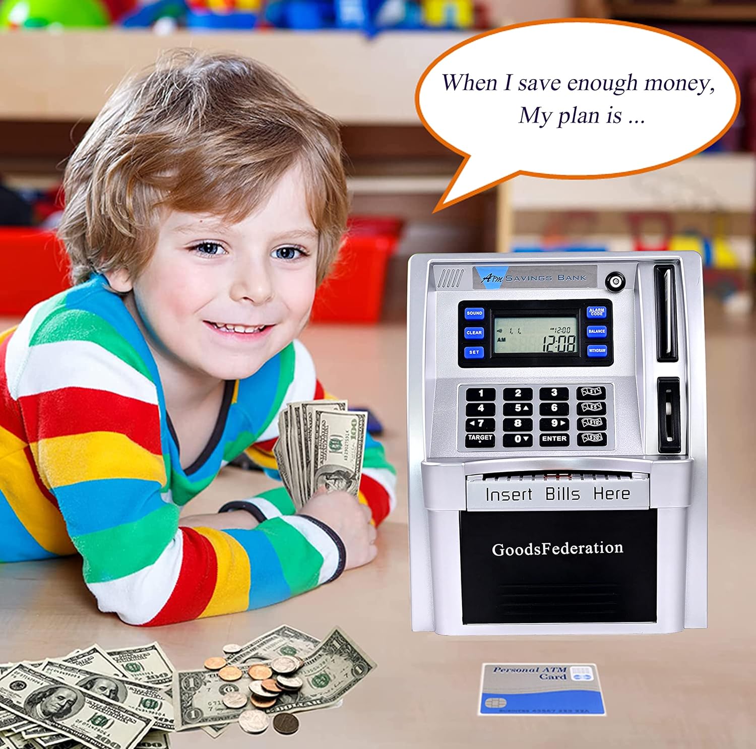 ATM Piggy Bank for Real Money for Kids Adults,Toy Money Bank with Card,Password,Coin Recognition,Bill Feeder,Balance Calculator,Electronic Money Safe Coin Box,Hot Gift for Boys Girls