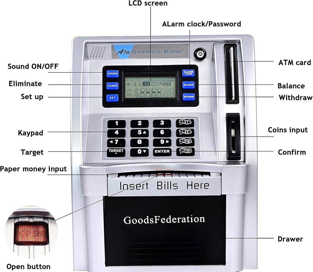 ATM Piggy Bank for Real Money for Kids Adults,Toy Money Bank with Card,Password,Coin Recognition,Bill Feeder,Balance Calculator,Electronic Money Safe Coin Box,Hot Gift for Boys Girls