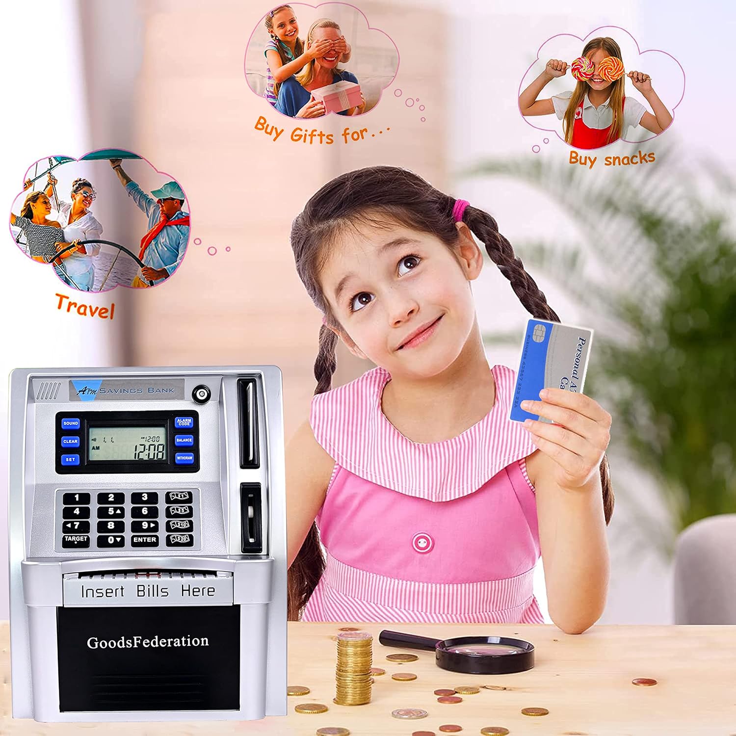 ATM Piggy Bank for Real Money for Kids Adults,Toy Money Bank with Card,Password,Coin Recognition,Bill Feeder,Balance Calculator,Electronic Money Safe Coin Box,Hot Gift for Boys Girls