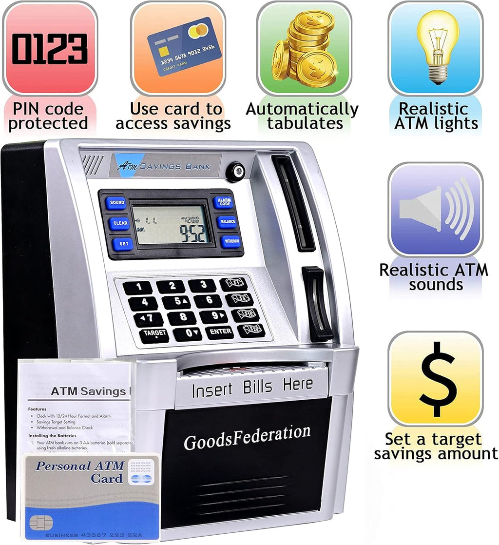 ATM Piggy Bank for Real Money for Kids Adults,Toy Money Bank with Card,Password,Coin Recognition,Bill Feeder,Balance Calculator,Electronic Money Safe Coin Box,Hot Gift for Boys Girls