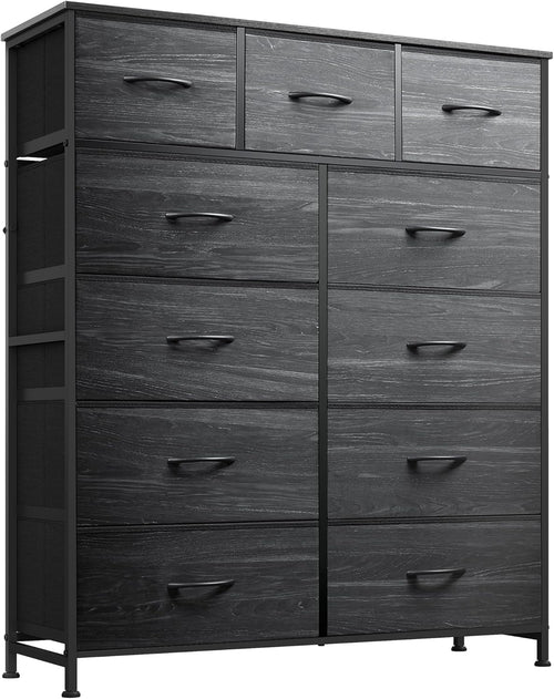 Tall Dresser for Bedroom, Fabric Dressers Storage Tower, Dresser & Chest of Drawers with 11 Drawers, Storage Cabinet, Hallway, Closets, Steel Frame, Wood Top, Charcoal Black Wood Grain Print