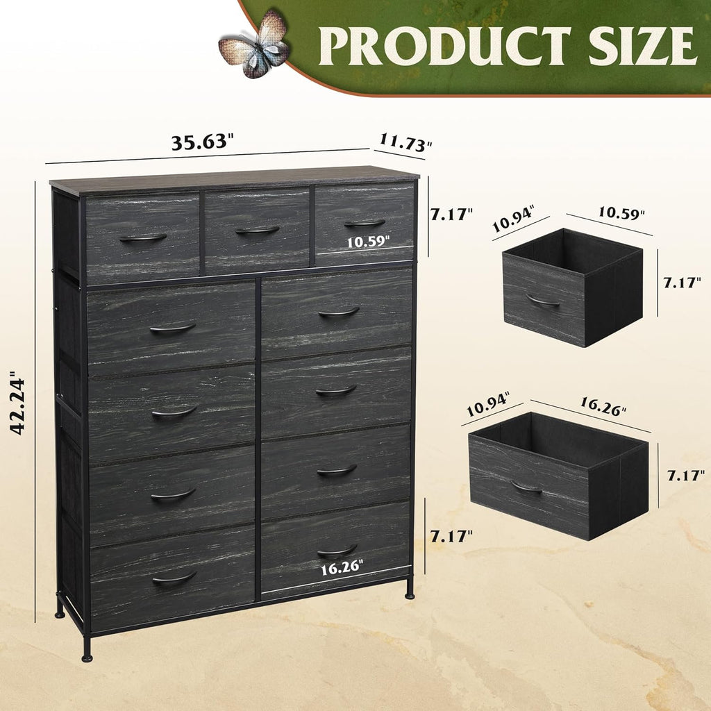 Tall Dresser for Bedroom, Fabric Dressers Storage Tower, Dresser & Chest of Drawers with 11 Drawers, Storage Cabinet, Hallway, Closets, Steel Frame, Wood Top, Charcoal Black Wood Grain Print