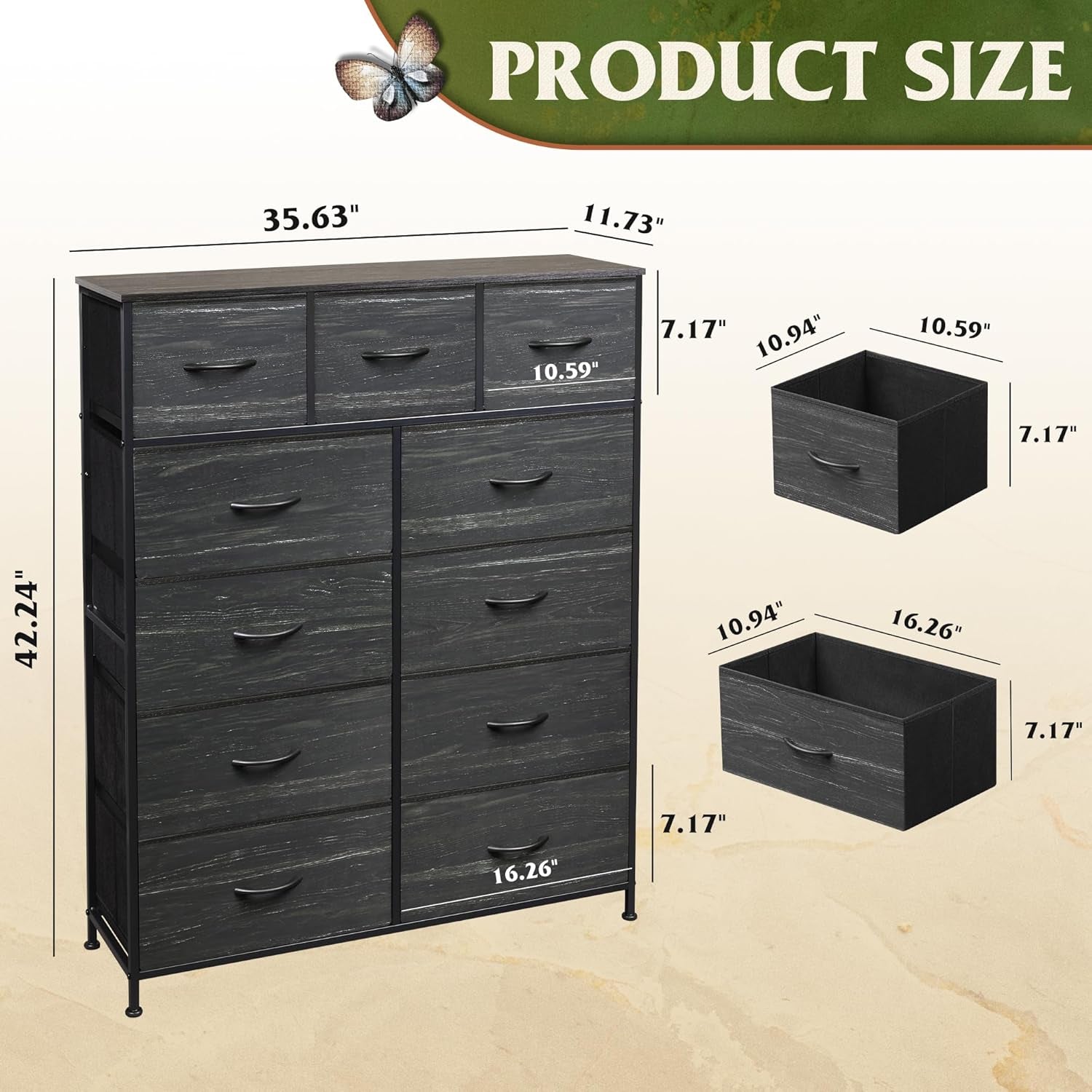 Tall Dresser for Bedroom, Fabric Dressers Storage Tower, Dresser & Chest of Drawers with 11 Drawers, Storage Cabinet, Hallway, Closets, Steel Frame, Wood Top, Charcoal Black Wood Grain Print